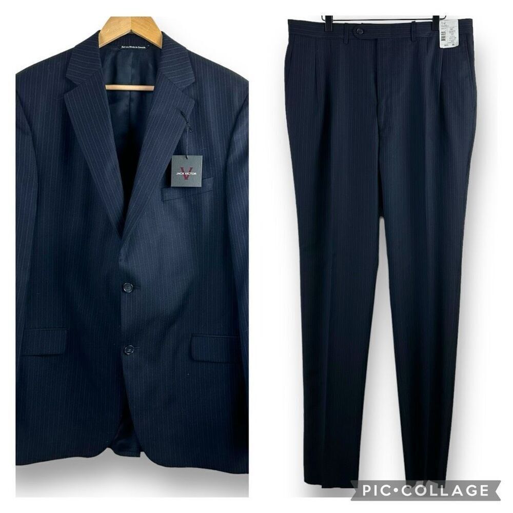 Jack Victor Men's 44L/38 Valentino CT Black Pinstripe Suit‎ Set 100% Wool New